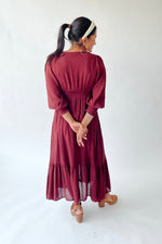 The Garvara Swiss Dot Button-Up Maxi Dress in Merlot