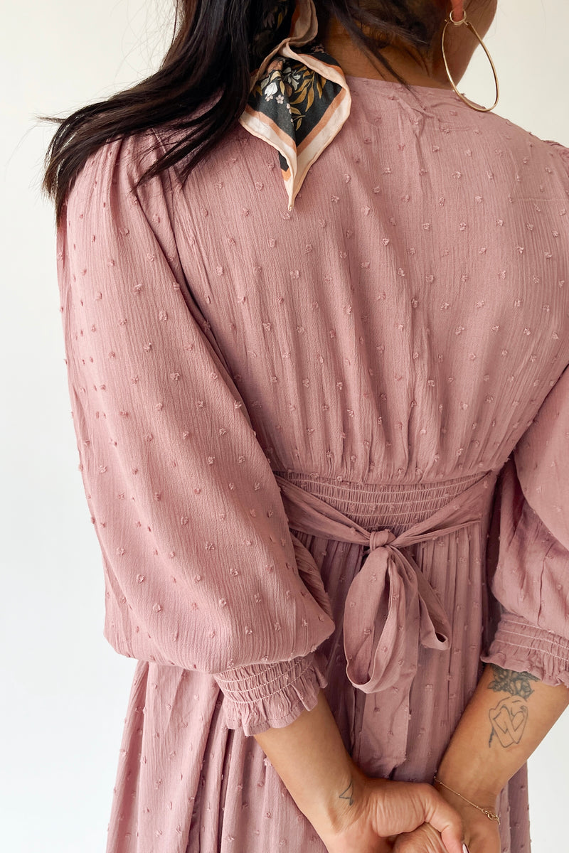 The Garvara Swiss Dot Button-Up Maxi Dress in Rose