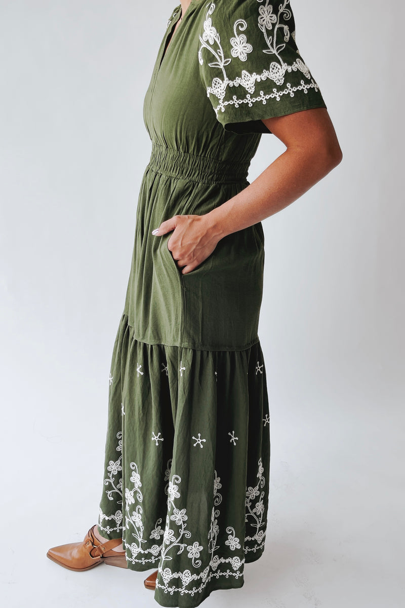 The Saxton Embroidered Maxi Dress in Olive