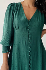 The Garvara Swiss Dot Button-Up Maxi Dress in Evergreen