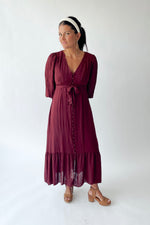 The Garvara Swiss Dot Button-Up Maxi Dress in Merlot