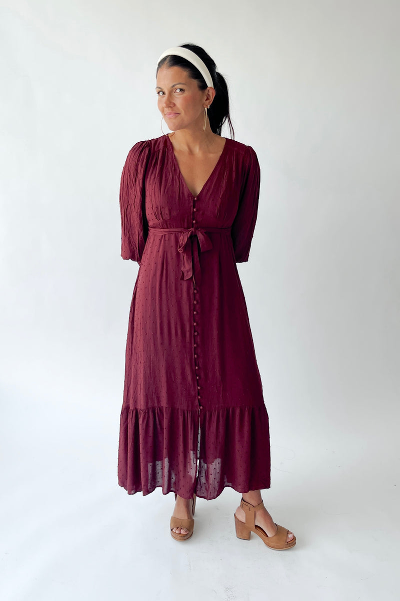 The Garvara Swiss Dot Button-Up Maxi Dress in Merlot