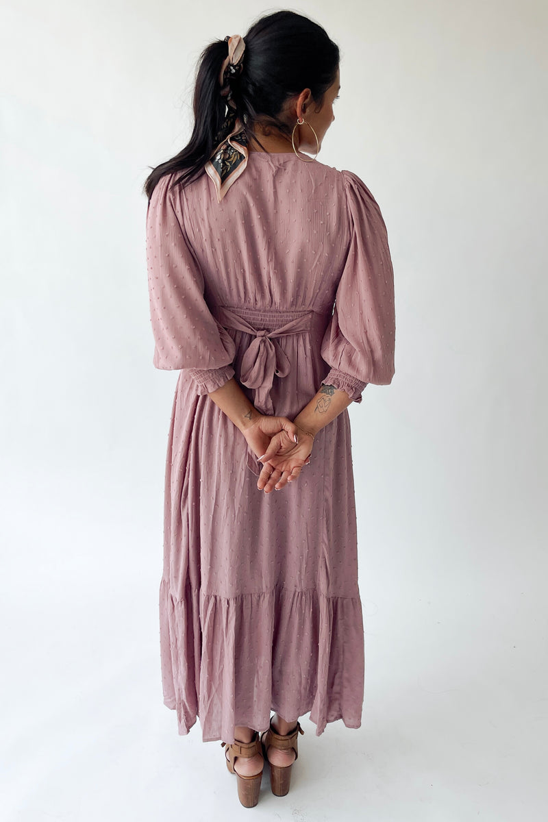 The Garvara Swiss Dot Button-Up Maxi Dress in Rose