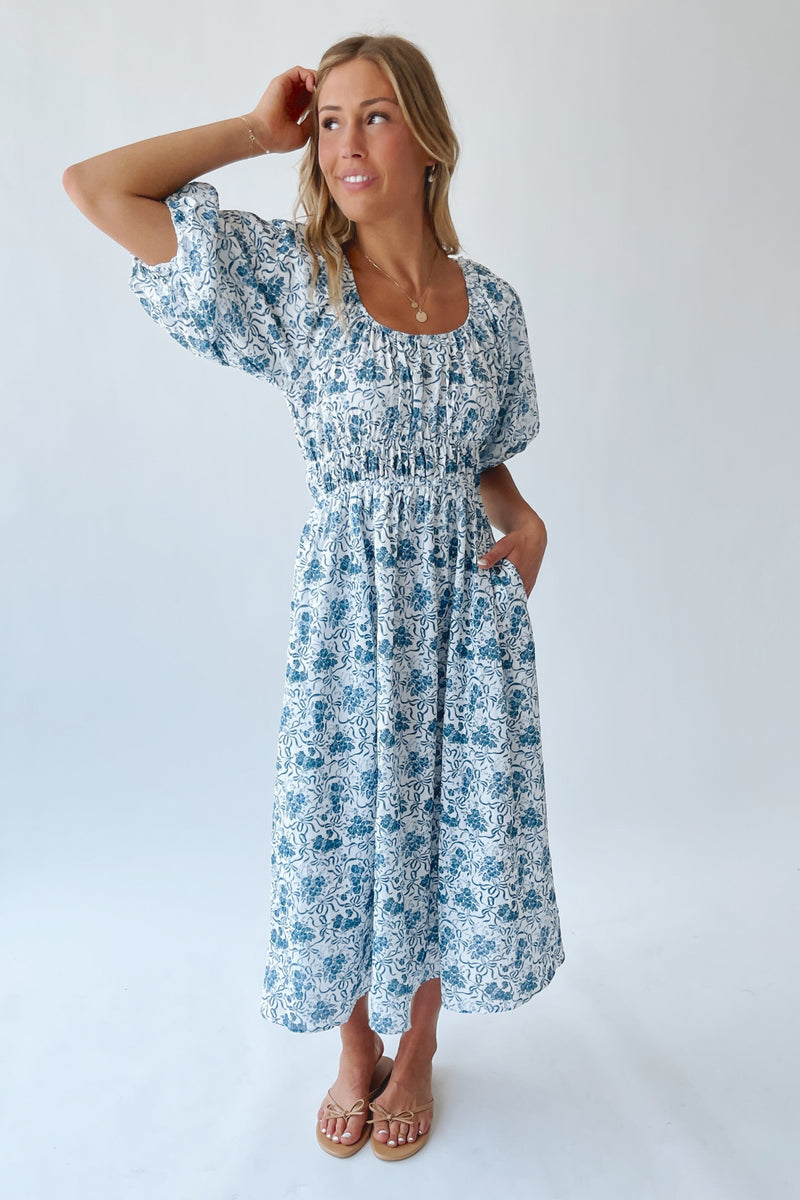 The Katrina Floral Midi Dress in Blue Multi