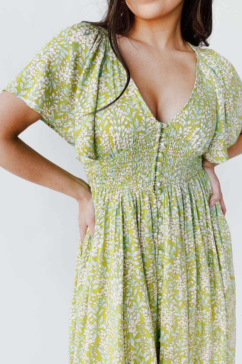 The Helly Smocked Button-Down Maxi Dress in Fern