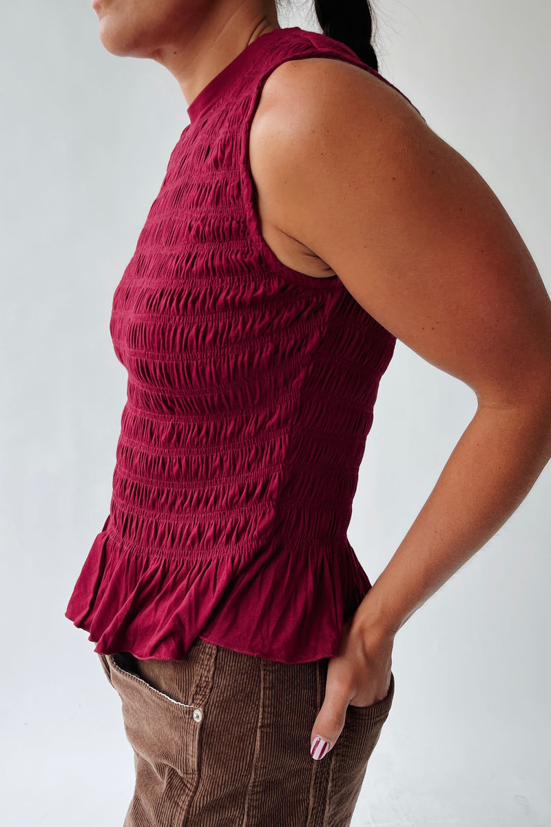 The Tate Smocked Tank in Burgundy