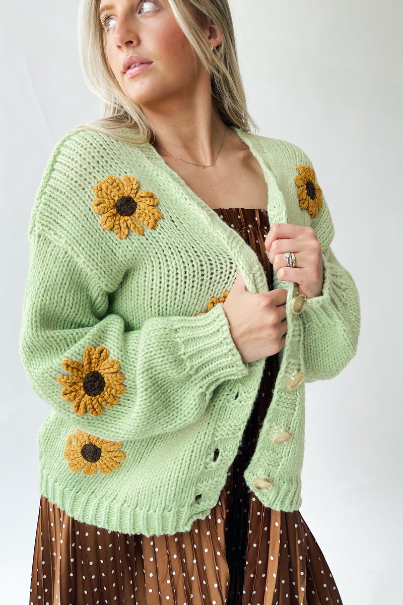 The Daphne Floral Knit Cardigan in Lime