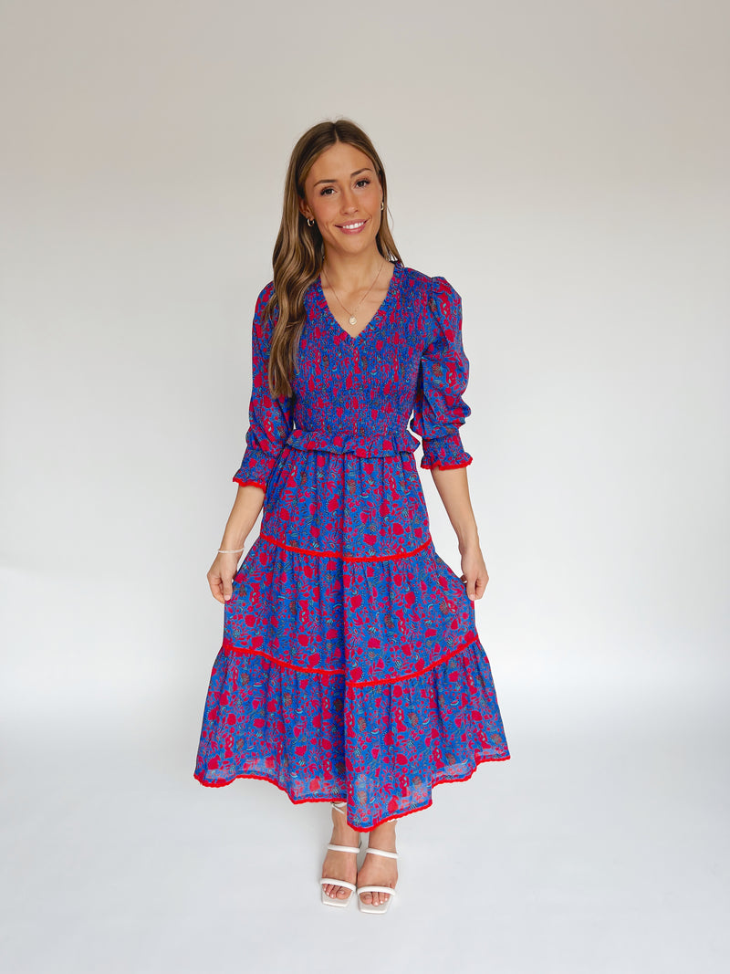 The Snook Smocked Floral Midi Dress in Blue + Fuchsia