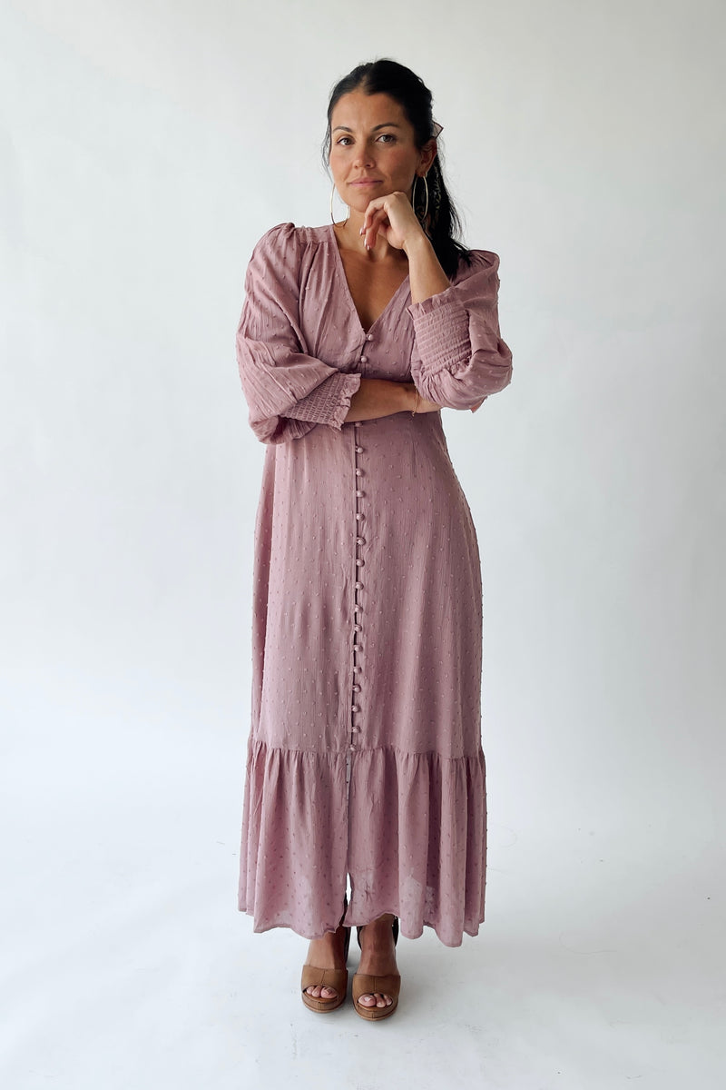The Garvara Swiss Dot Button-Up Maxi Dress in Rose