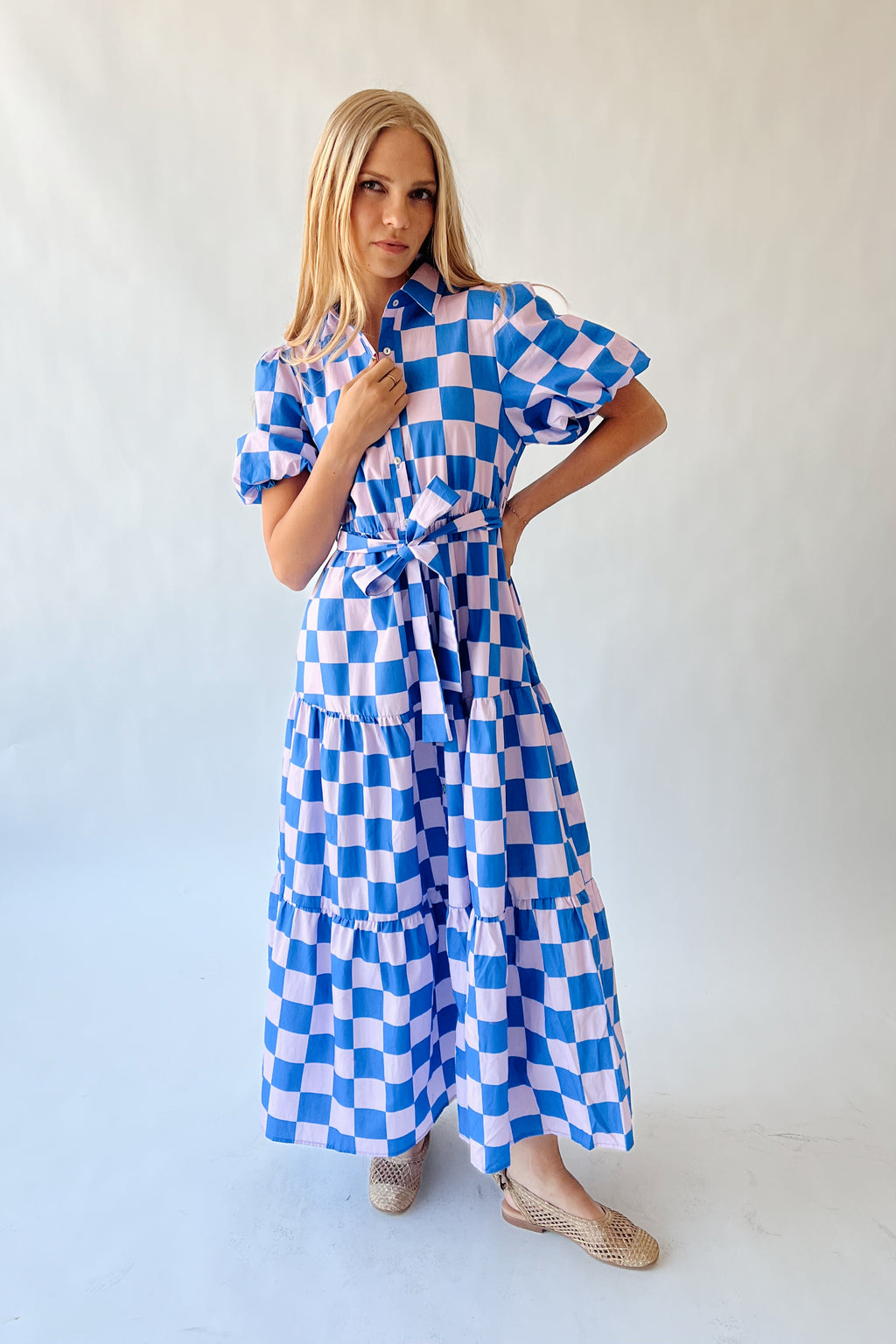 The Robison Puff Sleeve Maxi Dress in Blue + Pink Check Medium The Robison Puff Sleeve Maxi Dress in Blue + Pink Check Medium