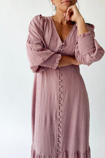 The Garvara Swiss Dot Button-Up Maxi Dress in Rose
