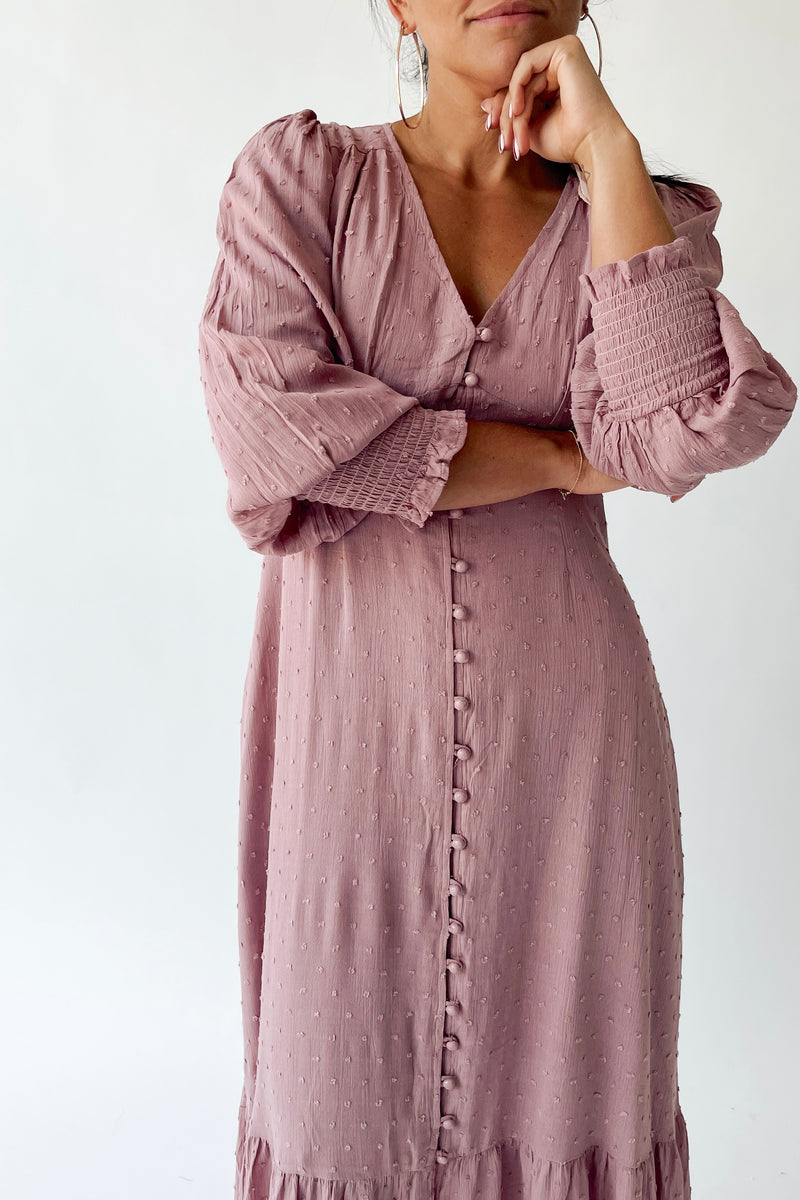 The Garvara Swiss Dot Button-Up Maxi Dress in Rose