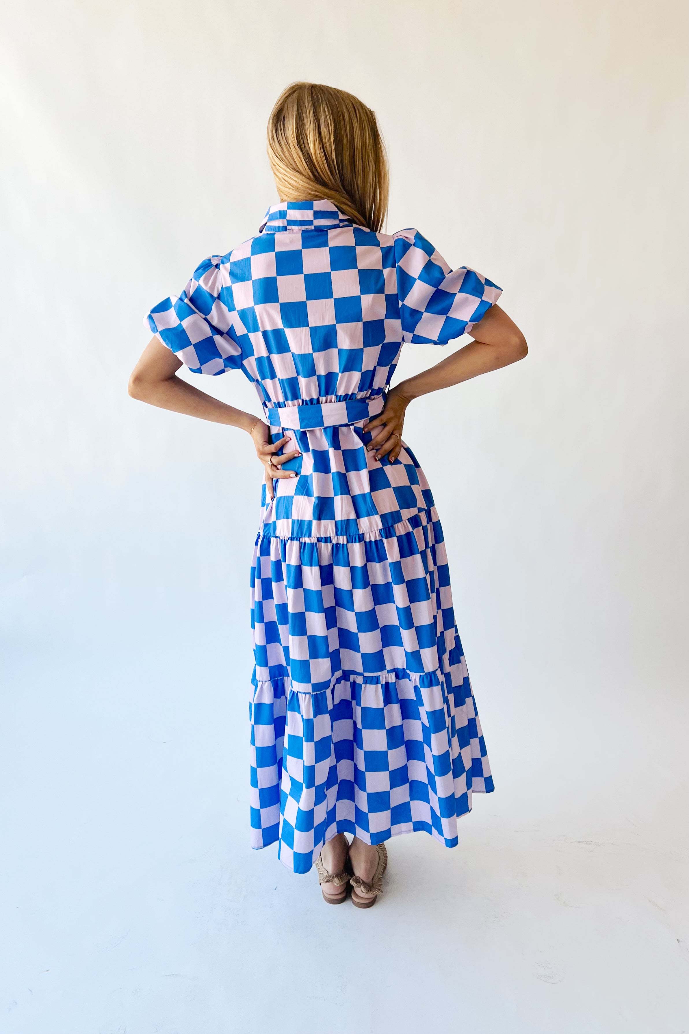 blue maxi dress with puff sleeves The Robison Puff Sleeve Maxi Dress in Blue + Pink Check Medium