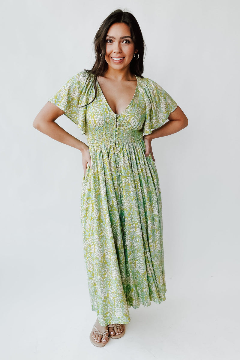 The Helly Smocked Button-Down Maxi Dress in Fern