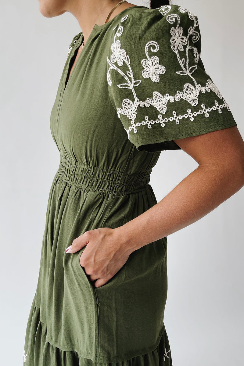 The Saxton Embroidered Maxi Dress in Olive