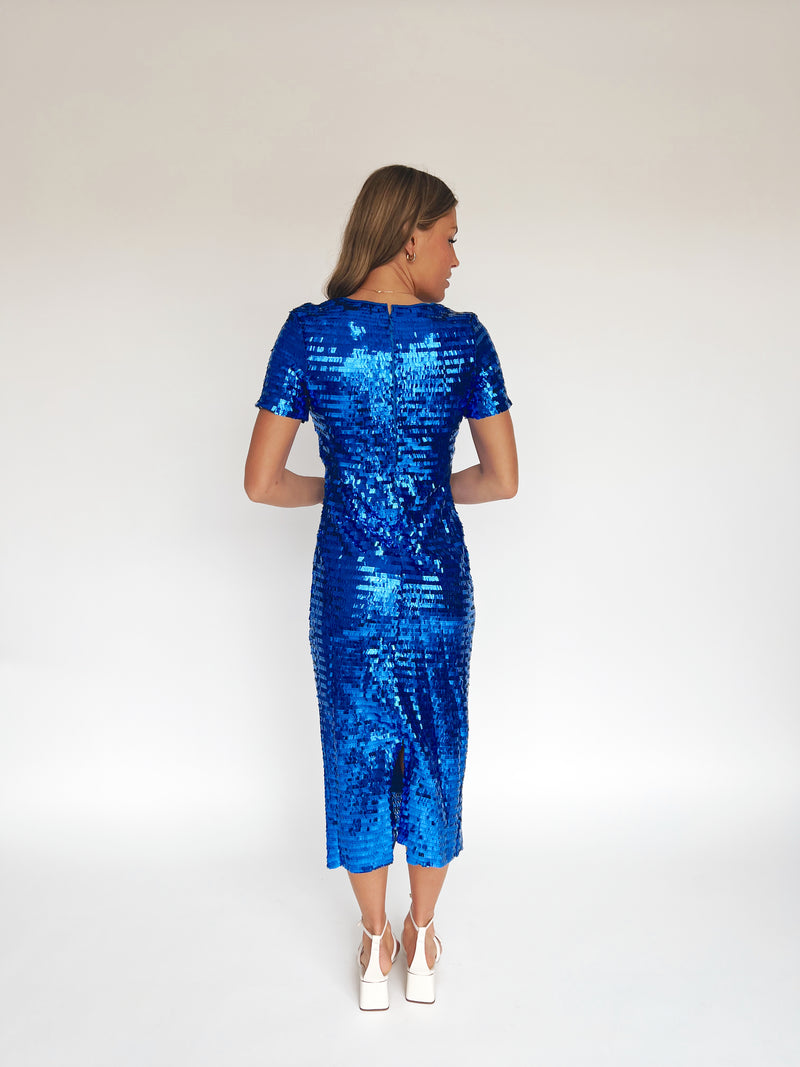 The Liviana Sequin Midi Dress in Cobalt Blue