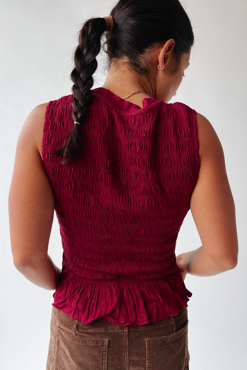 The Tate Smocked Tank in Burgundy