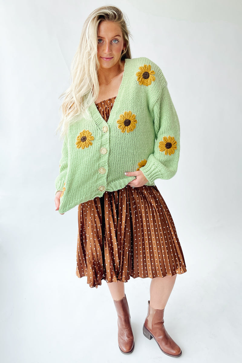 The Daphne Floral Knit Cardigan in Lime