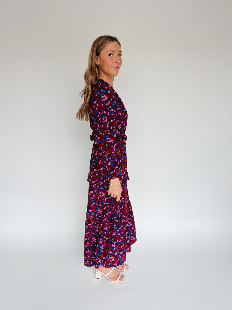 The Turma Tiered Maxi Dress in Burgundy + Pink
