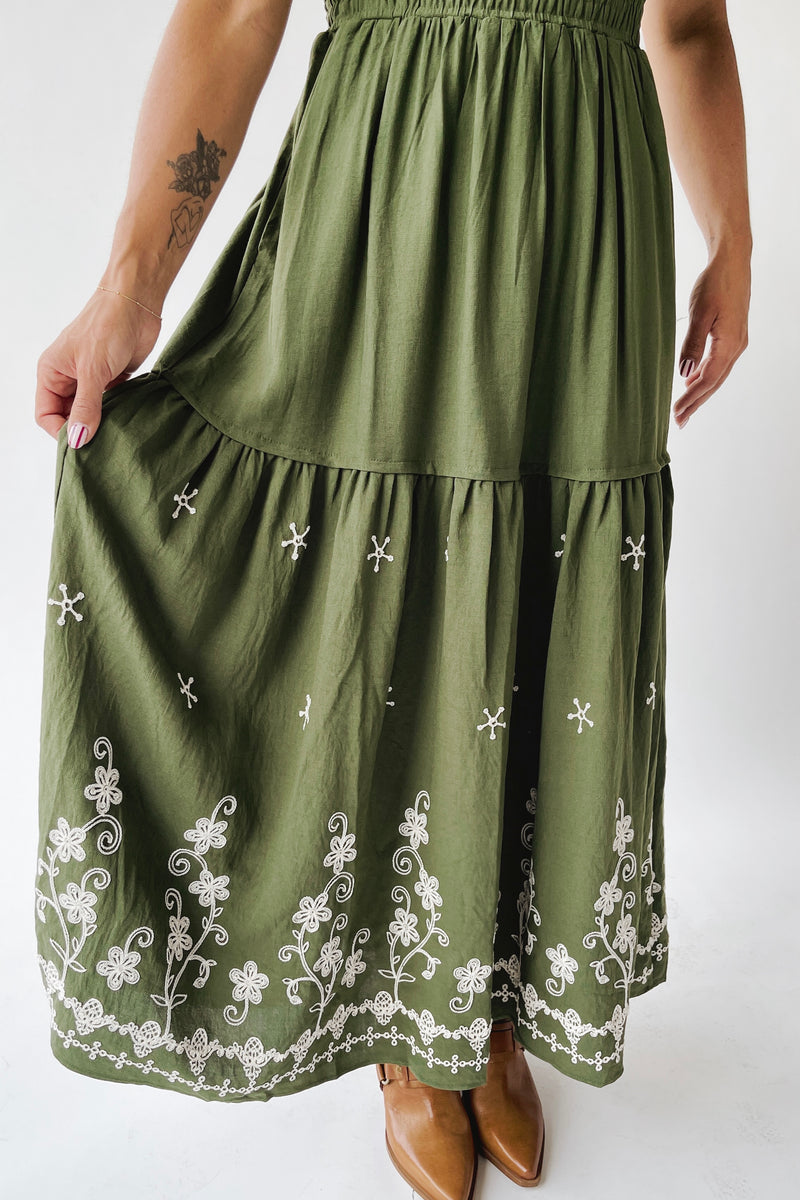 The Saxton Embroidered Maxi Dress in Olive