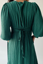 The Garvara Swiss Dot Button-Up Maxi Dress in Evergreen