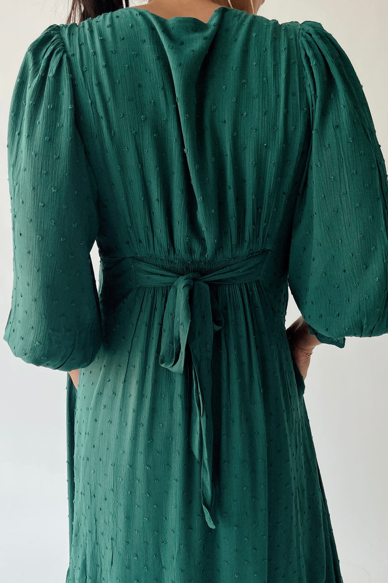 The Garvara Swiss Dot Button-Up Maxi Dress in Evergreen