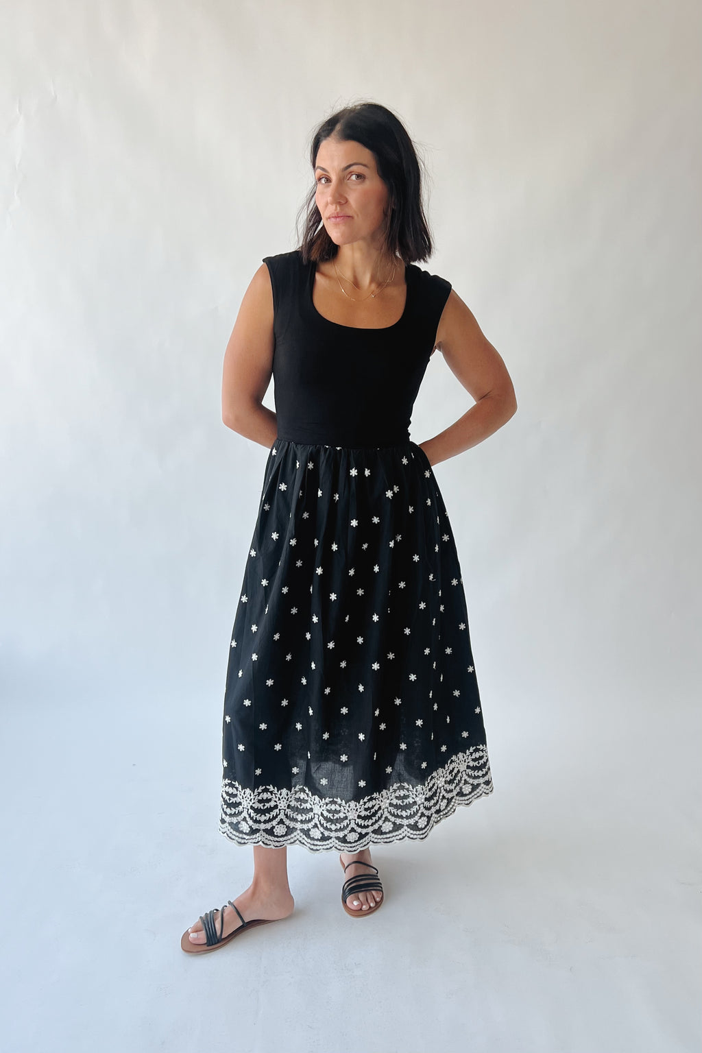 The Wiggins Scoop Neck Embroidered Dress in Black  Piper & Scoot