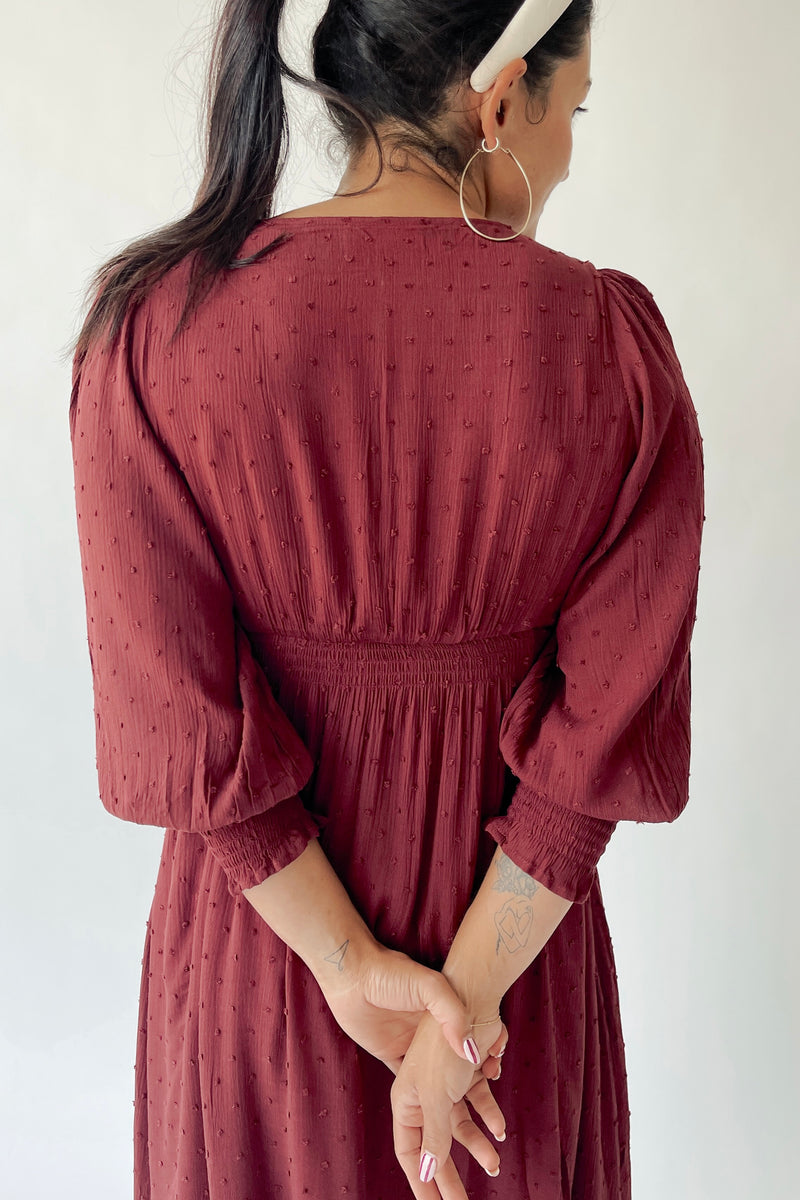 The Garvara Swiss Dot Button-Up Maxi Dress in Merlot