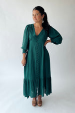 The Garvara Swiss Dot Button-Up Maxi Dress in Evergreen