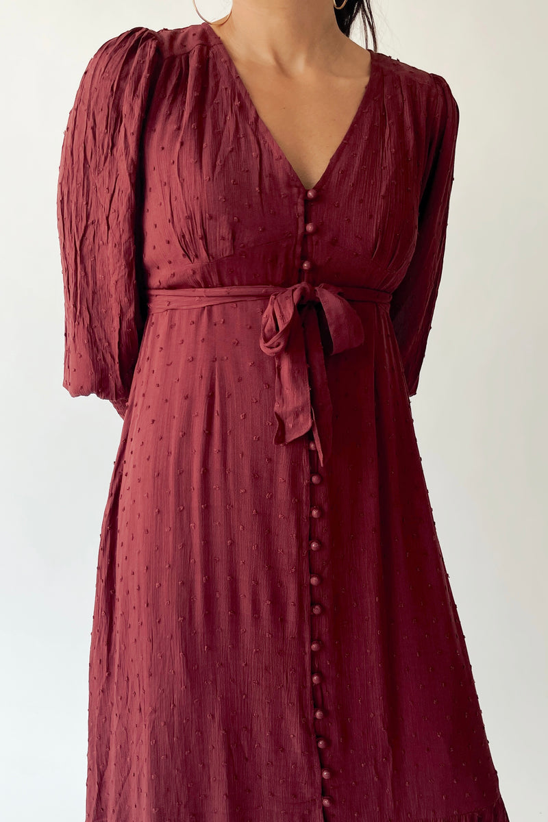 The Garvara Swiss Dot Button-Up Maxi Dress in Merlot