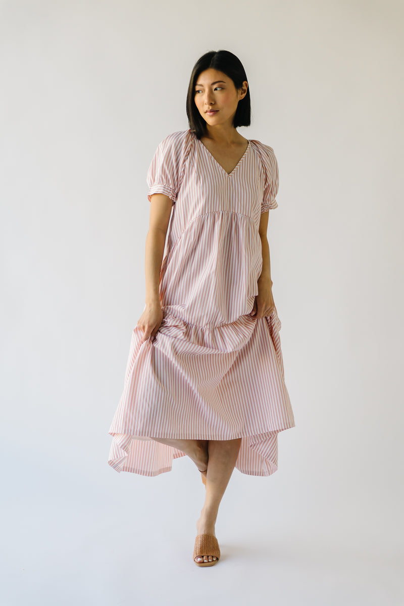 The Alberta V-Neck Midi Dress in Peach Stripe