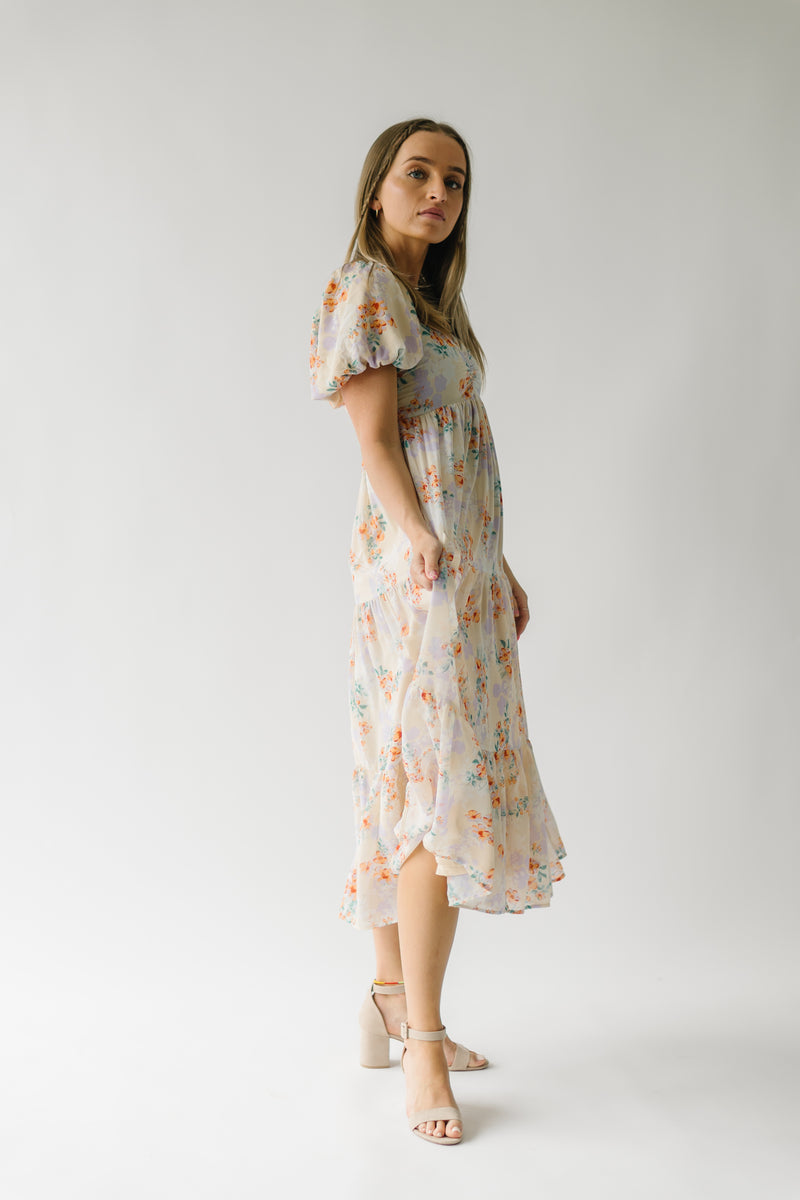 The Almira Puff Sleeve Midi Dress in Cream Floral