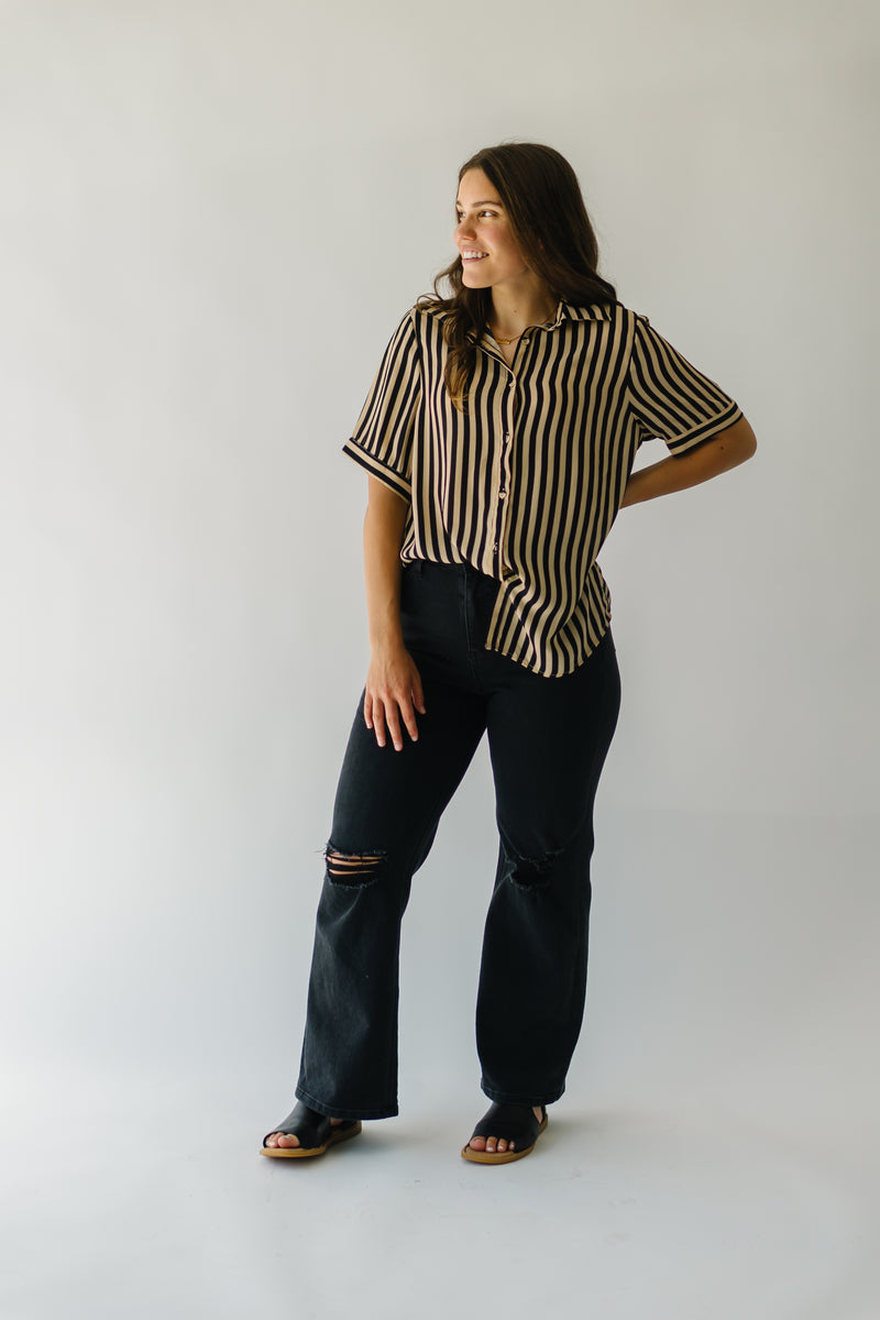 The Bakersfield Button-Up Blouse in Black + Tan Stripe
