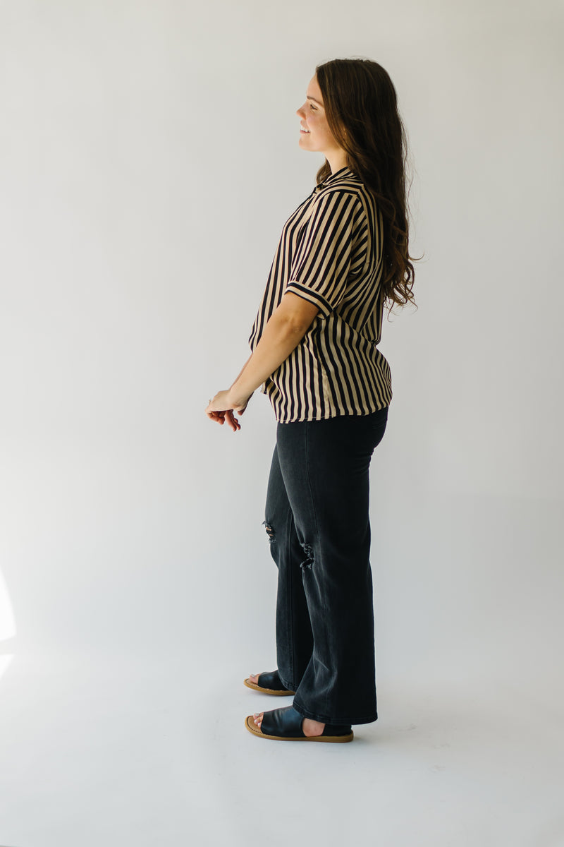 The Bakersfield Button-Up Blouse in Black + Tan Stripe