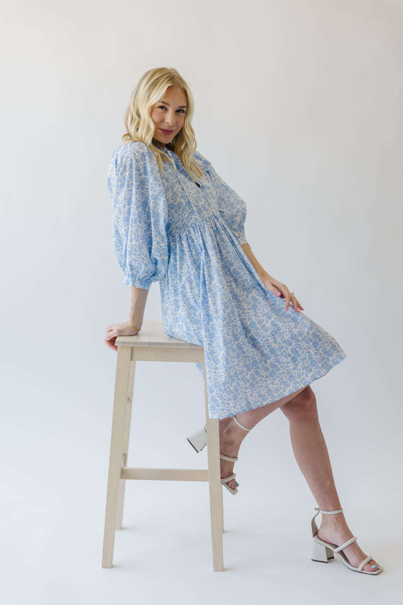 The Soloman Tie Detail Dress in Blue Floral