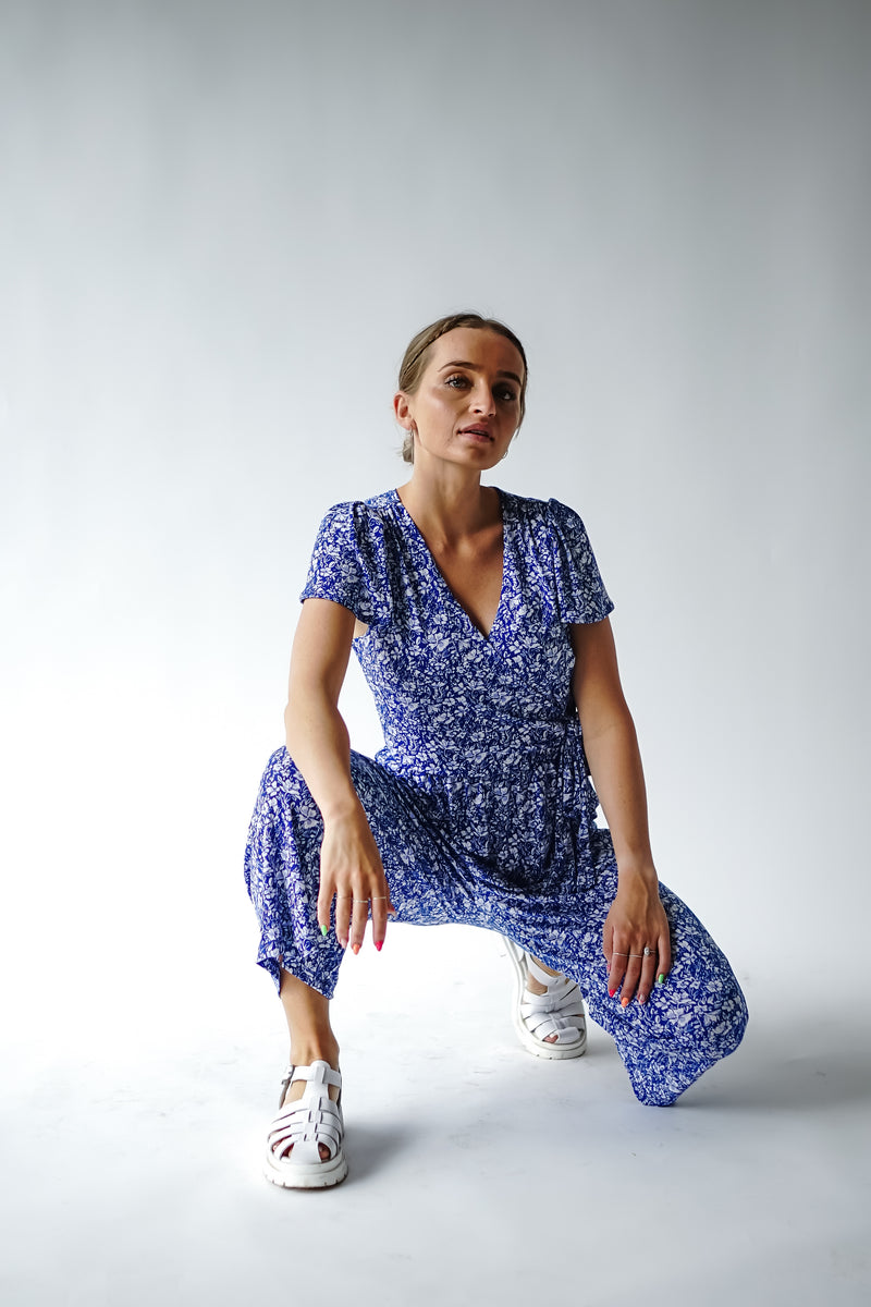 The Hardy Cropped Wide Leg Jumpsuit in Blue + White Floral