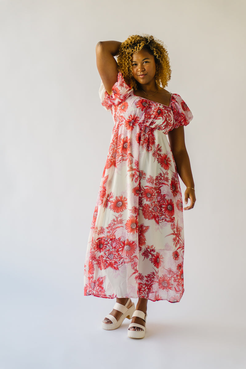 Floral Print Puff Sleeves Chiffon Maxi Dress