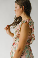 The Lorilee Ruffle Detail Midi Dress in Sage + Pink Floral