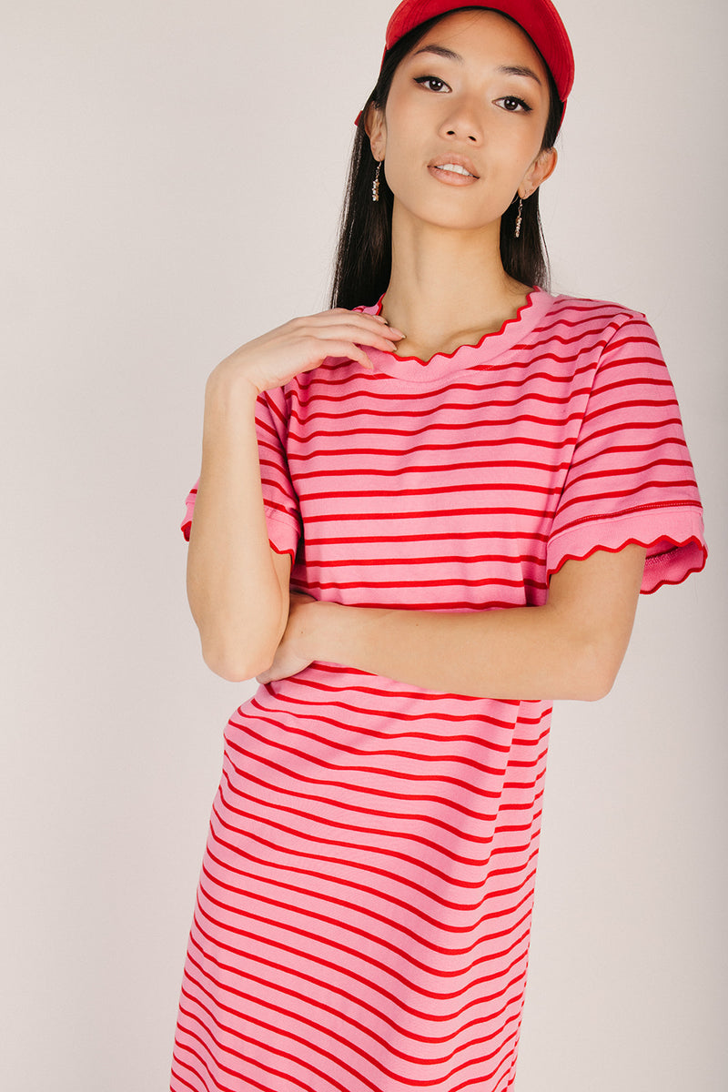 The Shipley Striped T-Shirt Midi Dress in Pink + Red X-Large The Shipley Striped T-Shirt Midi Dress in Pink + Red X-Large