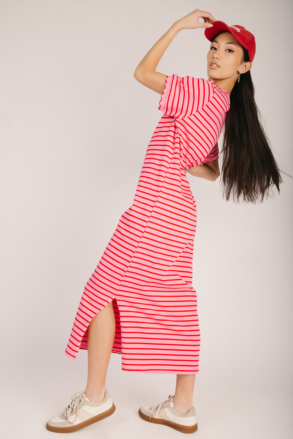 The Shipley Striped T-Shirt Midi Dress in Pink + Red Piper & Scoot The Shipley Striped T-Shirt Midi Dress in Pink + Red Piper & Scoot