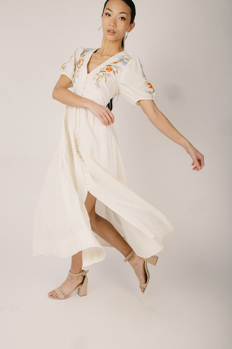 The Shanda Embroidered Button-Up Midi Dress IN Buttercream (SHIPS IN 1 WEEK) Small
