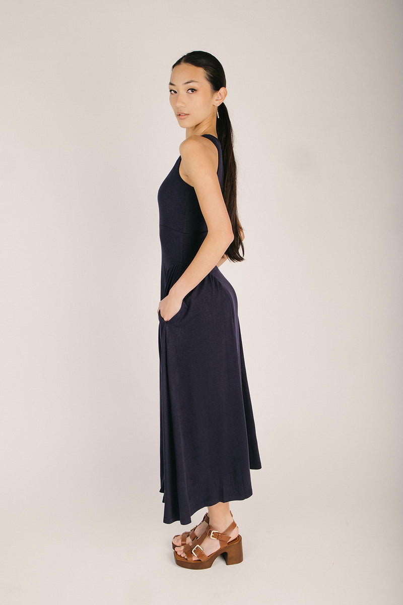 blue ribbed maxi dress The Webster Ribbed Pleated Maxi Dress in Navy Medium