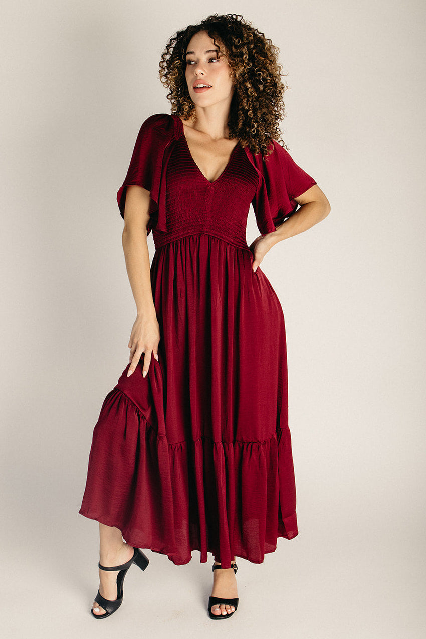 The Curtis Satin Midi Dress in Merlot – Piper & Scoot