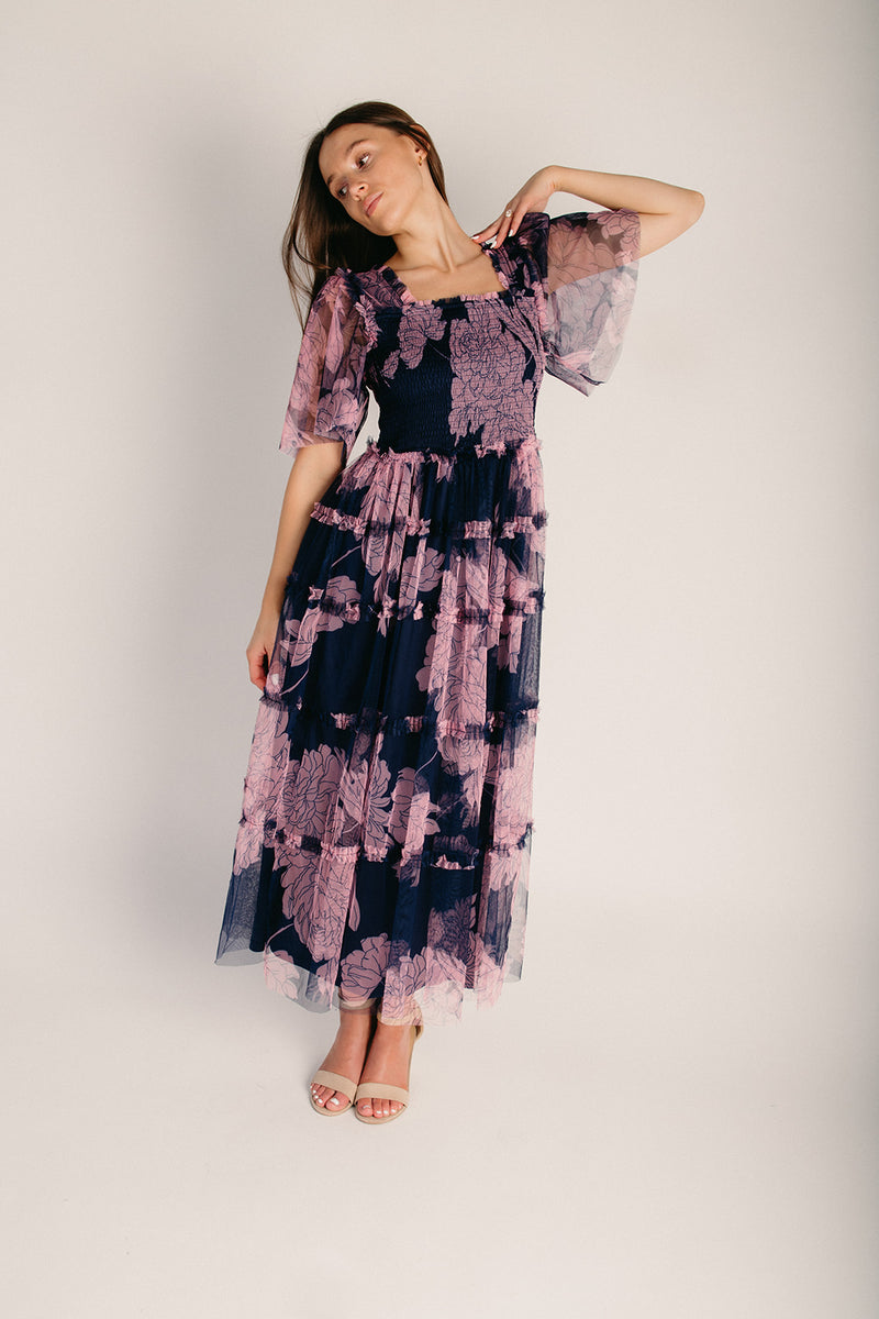 ruffle floral midi dress She's Stunning - Rose, Small | Hazel and Olive 20% Nylon Marla Ruffle Midi Dress Cream/Dusty