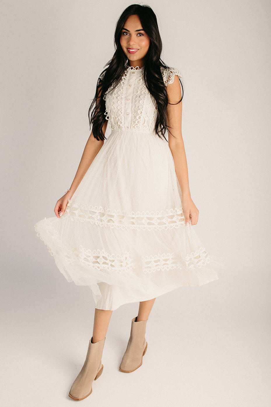 The Jaima Lace Detail Midi Dress in Natural – Piper & Scoot