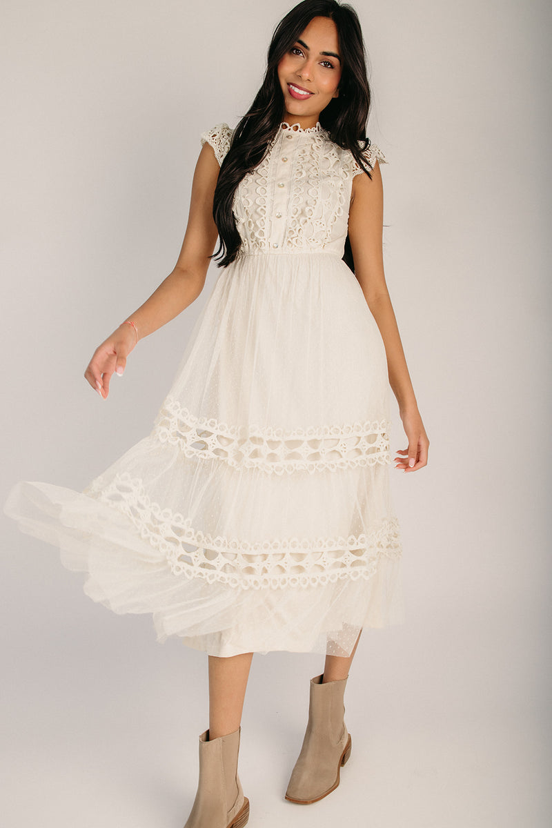 The Jaima Lace Detail Midi Dress in Natural – Piper & Scoot