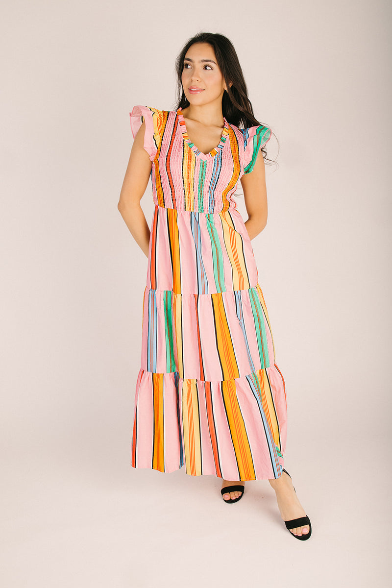tiered midi dresses The Viya Tiered Midi Dress in Pink + Multi Stripe – Piper & Scoot