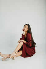 The Garvara Swiss Dot Button-Up Maxi Dress in Merlot