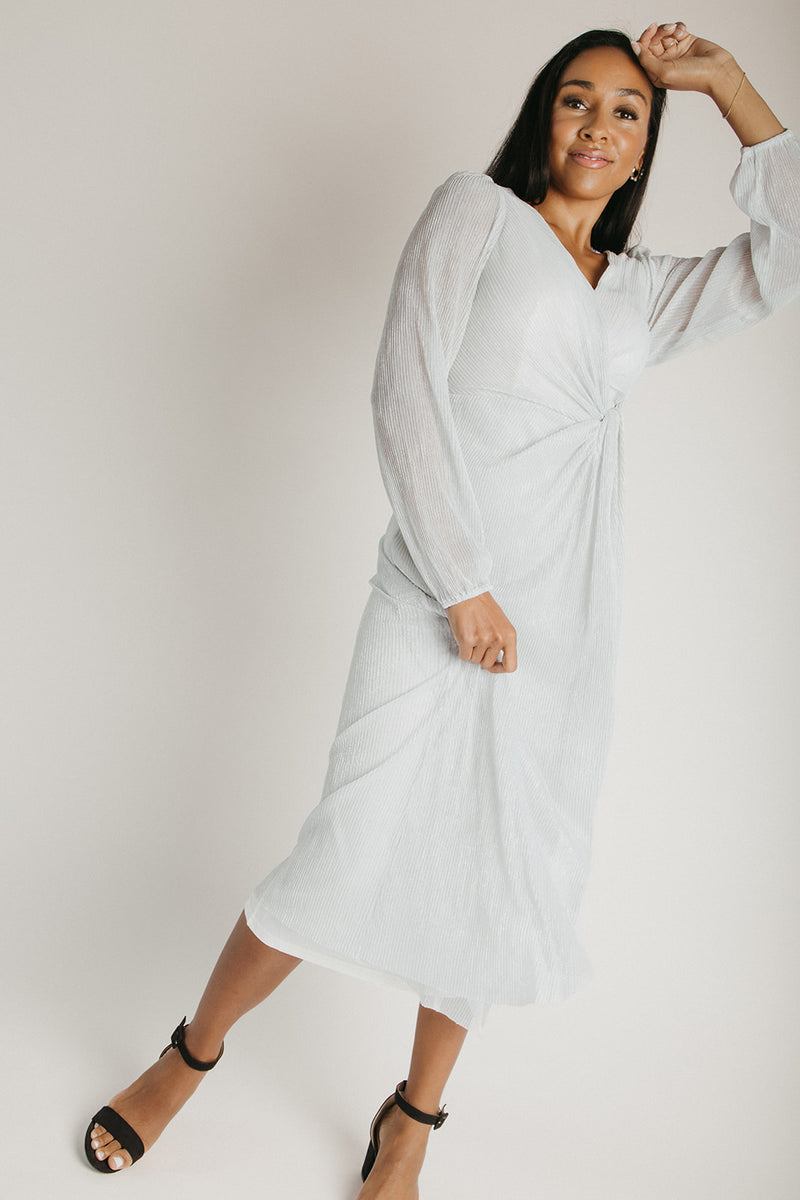 The Polzin Glitter Wrap Midi Dress in Pearl