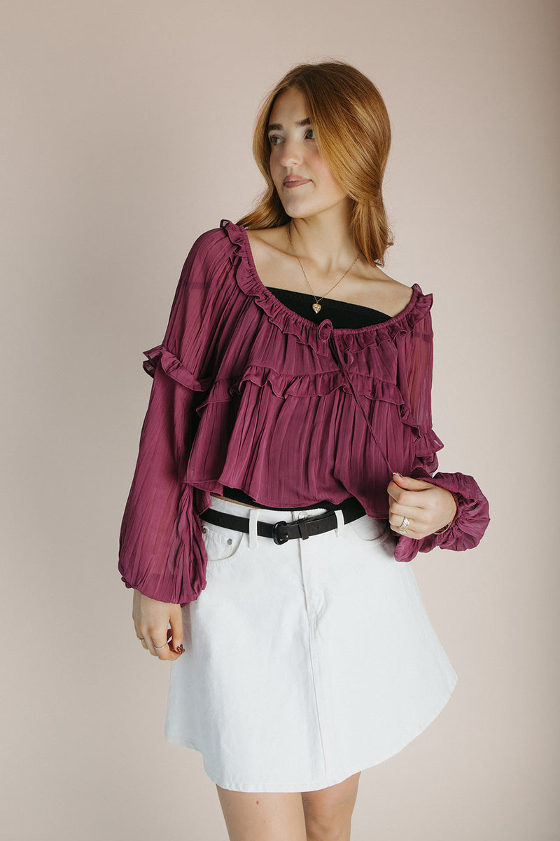 The Shalane Ruffled Scoop Neck Blouse in Dark Rose